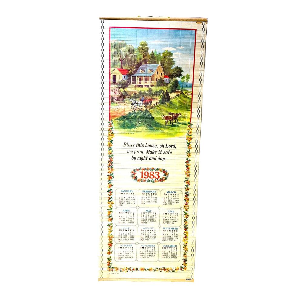 Bamboo Calendar 1983 Currier & Ives Scene 12.5" x 33" Vintage Single Side Stains